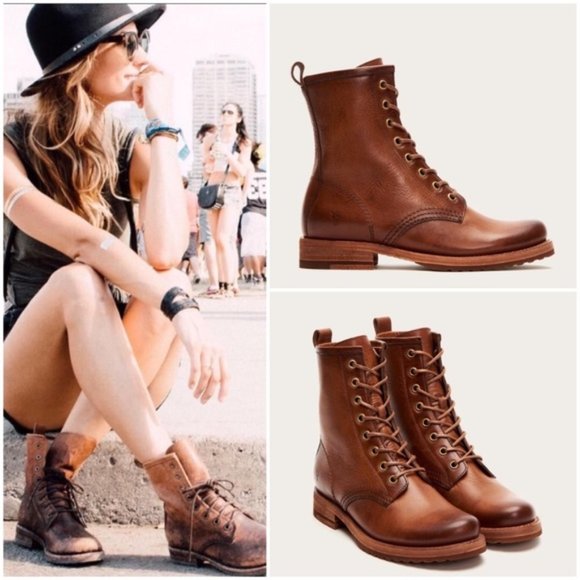 $399 Frye Veronica Combat Real Cognac Leather Lace Up Moto Comfy Low Heel Boots
